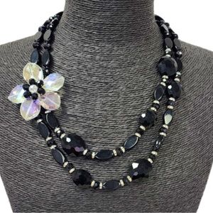New Gardenia Faceted black and AB Crystal flower side necklace